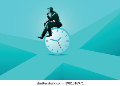 Vector illustration of business concept, businessman sitting on clock while waiting for something