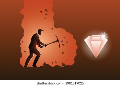 Vector illustration of business concept, a businessman digging with pickaxe to get diamond