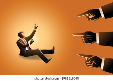 Vector illustration of business concept, a businessman being pointed by giant fingers, hands pointing to blame a businessman