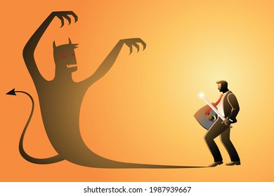 Vector illustration of business concept, businessman holding sword and shield ready to fight with his own evil shadow