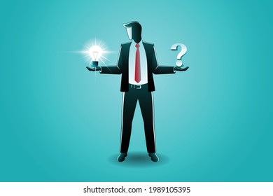 Vector illustration of business concept, businessman with bulb and question sign symbols on his hand