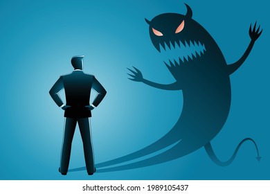 Vector illustration of business concept, businessman from back view confront with his own evil shadow