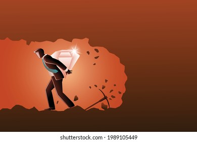 Vector illustration of business concept, businessman bearing big diamond on his back from underground