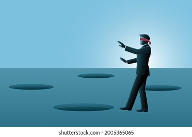 Vector illustration of business concept, businessman walking with bandage on eyes among holes trap