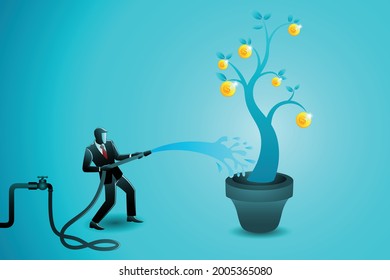 Vector illustration of business concept, businessman watering gold coin tree with water hose