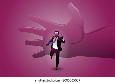 Vector illustration of business concept, businessman run chased by big hand
