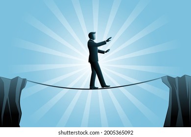 Vector illustration of business concept, businessman walking on rope across cliffs