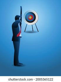 Vector illustration of business concept, businessman aiming at the target with bow and arrow