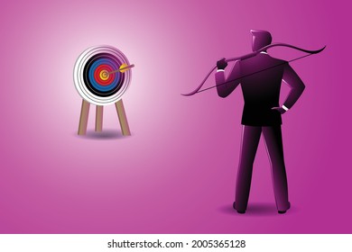 Vector illustration of business concept, businessman holding bow on shoulder with arrows stuck in target