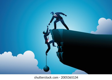 Vector illustration of business concept, businessman chained with iron ball hanging on cliff ask for help to his partner