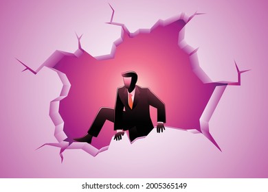 Vector illustration of business concept, businessman climbing out of a broken wall