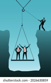 Vector illustration of business concept, businessman lifting his partners from cliff using a pulley