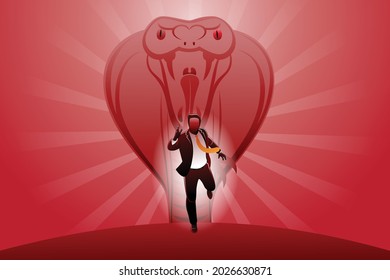 Vector illustration of business concept, businessman run being chased by big king cobra