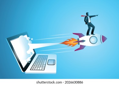 Vector illustration of business concept, businessman on rocket flying out from laptop screen