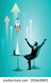 Vector illustration of business concept, businessman sitting on chair with rocket blast off from laptop