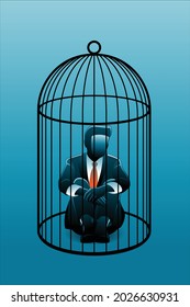 Vector illustration of business concept, businessman sitting on bird cage while hug knees