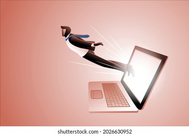 Vector illustration of business concept, businessman flying out from laptop screen