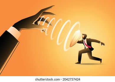 Vector illustration of business concept, businessman with shield parried hypnotic from giant evil hand