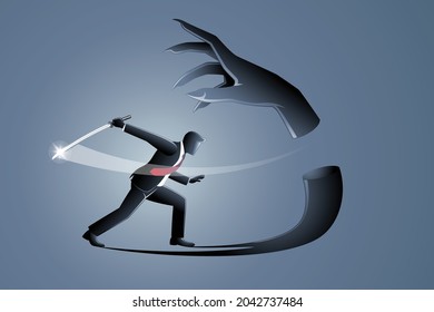 Vector illustration of business concept, businessman cut his own evil shadow with sword