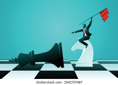 Vector illustration of business concept, businessman riding chess knight beat black king chess while holding flag