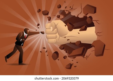 Vector Illustration Of Business Concept, Businessman Is Resist A Huge Fist Who Breakthrough Wall