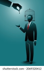 Vector illustration of business concept, businessman with birdcage on his head meanwhile a giant hand give him key