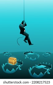 Vector illustration of business concept, businessman down from top try to reach gold chest with many bear trap
