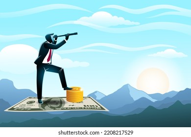 Ilustración vectorial del concepto de negocio, un empresario que usa telescopio volando con dinero en el paisaje de fondo