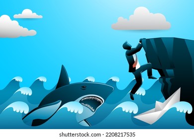 Vector illustration of business concept, businessman hang on coast cliff escape from shark attack