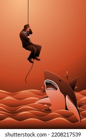 Vector illustration of business concept, businessman hang on rope escape from shark attack