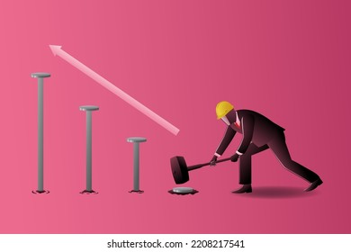 Vector illustration of business concept, businessman with worker helmet hammering nails for use as stairs