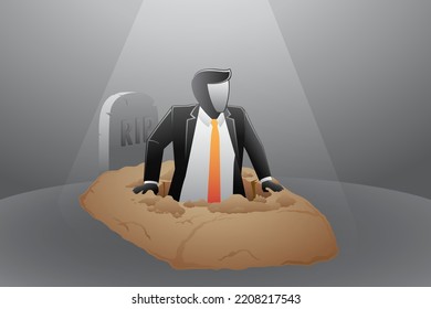 Vector illustration of business concept, businessman digging himself out of his grave, metaphor for business recovery