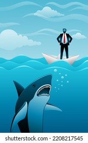 Vector Illustration Of Business Concept, Businessman On Paper Boat Under Threat Of Shark Attack