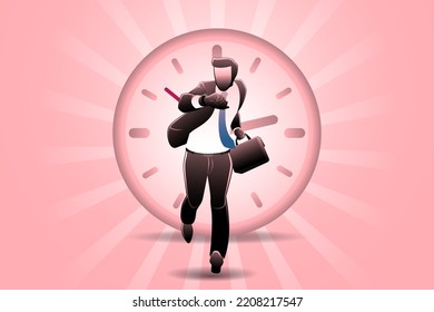 Vector illustration of business concept, businessman is chasing time on large clock background, time management, fear of being late