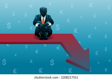 Vector illustration of business concept, businessman sitting bowed sluggish on red down arrow while hug knees