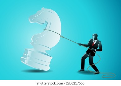Vector Illustration Of Business Concept, Businessman Catches A Large White Chess Knight With A Rope Lasso