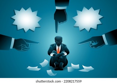 Vector illustration of business concept, a businessman being pointed by giant fingers, hands pointing to blame a businessman