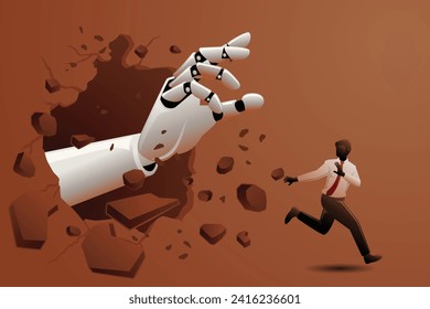 Vector illustration of business concept, a businessman running pursued by giant robot hand