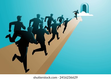 Vector illustration of business concept, a businessman on arrow leading group of peoples running towards gate