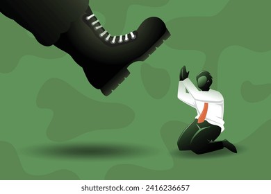 Vector illustration of business concept, businessman kneel down under big military foot