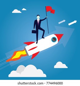 Vector illustration of business concept, businessman conquer obstacle, winning gesture holding victory flag, riding rocket startup concept