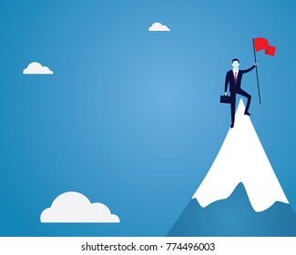 Vector illustration of business concept, businessman conquer obstacle, winning gesture holding victory flag on top of mountain