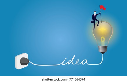 Vector illustration of business concept, businessman conquer obstacle, winning gesture holding victory flag on top of idea bulb lamp