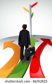 A Vector Illustration Of A Business Concept, A Businessman Standing At A Crossroads, With The Sign Posts Pointing To Multiple Directions