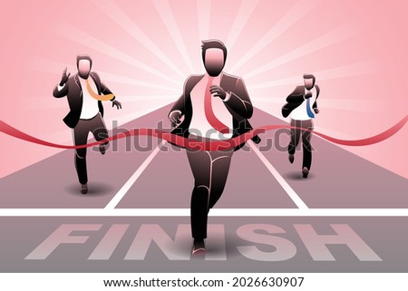 Vector illustration of business concept, businessman crossing finish line in race