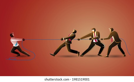 Vector illustration of business concept, businessmen teamwork in tug of war