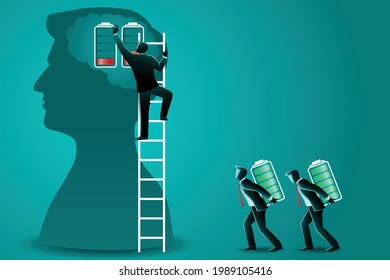 Vector illustration of business concept, businessmen changing low batteries at human brain with full battery