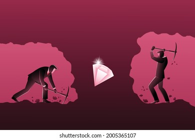 Vector illustration of business concept, businessmen compete dig for diamond underground