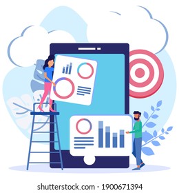Vector illustration of business concept, businessperson studying infographics, evolution scale vector analysis.