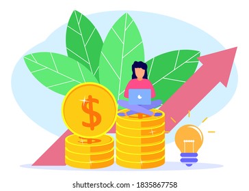 Vector illustration of business concept, businesswoman sitting on a pile of coins, rapid economic growth. Successful investor or entrepreneur. Financial consulting, investment and savings.